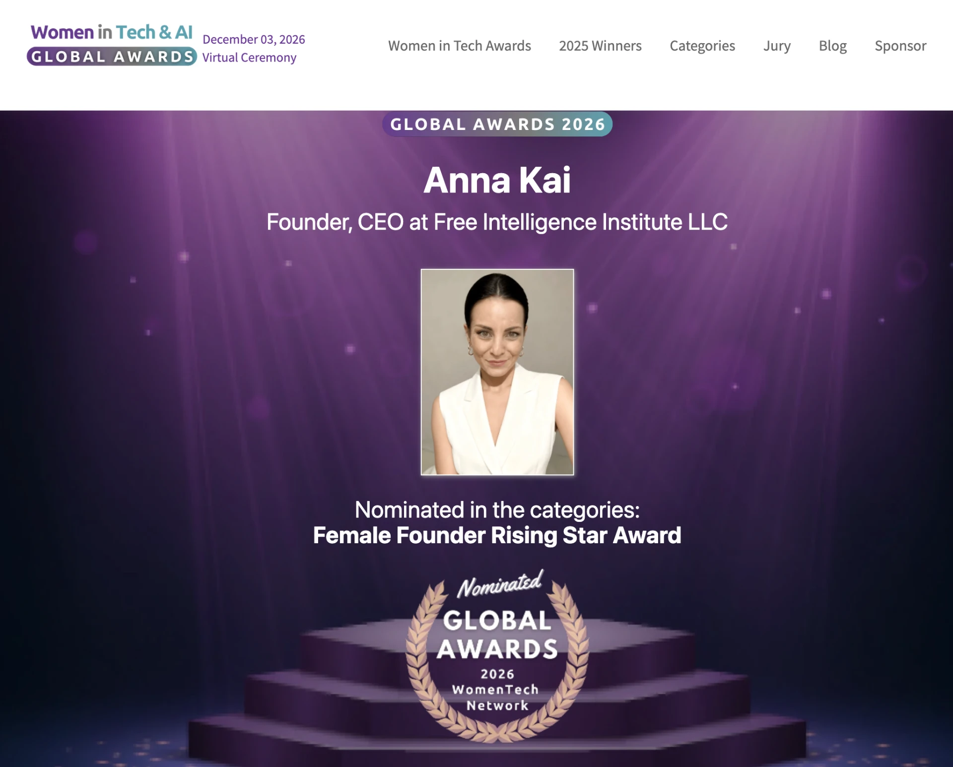 Nomination announcement: Anna Kai, Female Founder Rising Star Award, Women in Tech & AI Global Awards 2026