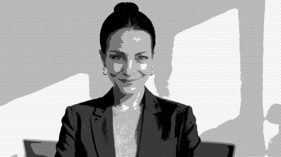 Photocopied comic-style print of Anna Kai in a dark corporate blazer