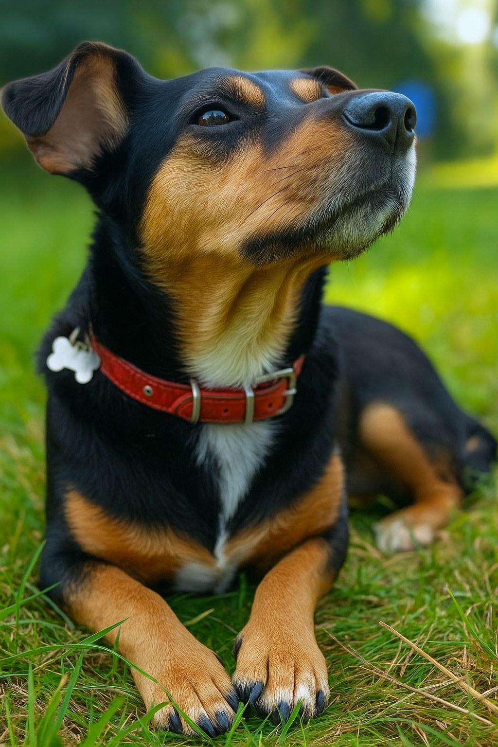 Bułka with her red collar, resting in green grass
